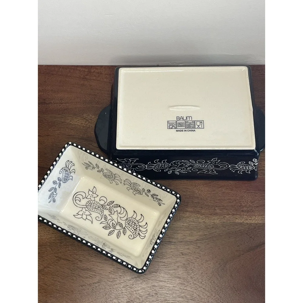 2 PC Baum Stoneware Casserole Baking Dish Black White Floral Paisley